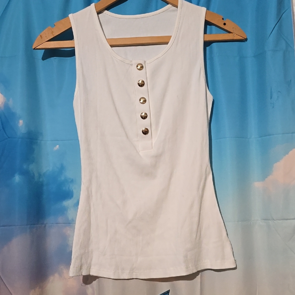 White Sleeveless Top with Button Detail